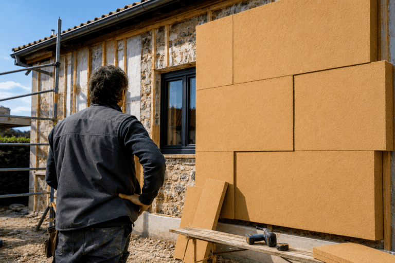 Façade en renovation ITE avec de la fibre de bois