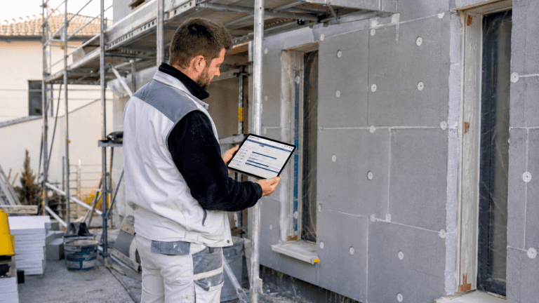 Artisan utilisant un logiciel de gestion de chantier et devis bâtiment