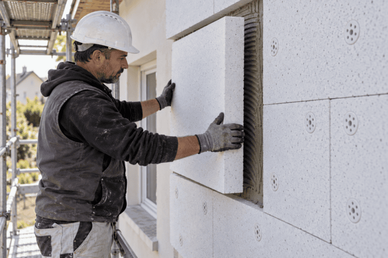 Artisan réalisant une isolation thermique par l’extérieur sur une maison individuelle