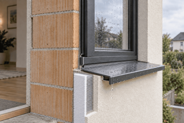 Coupe technique d’un appui de fenêtre avec isolant ITE, pente et évacuation de l’eau