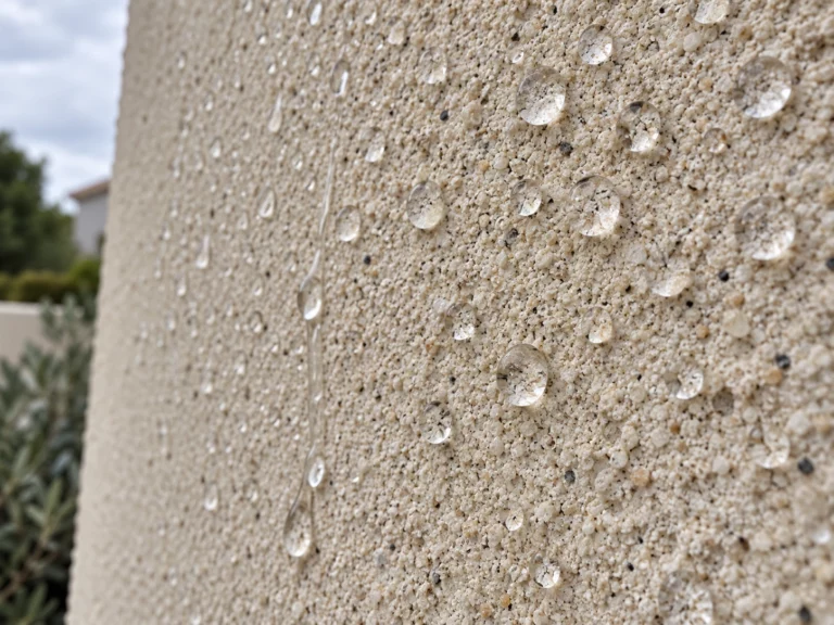 Façade de maison protégée par un traitement hydrofuge avec effet perlant