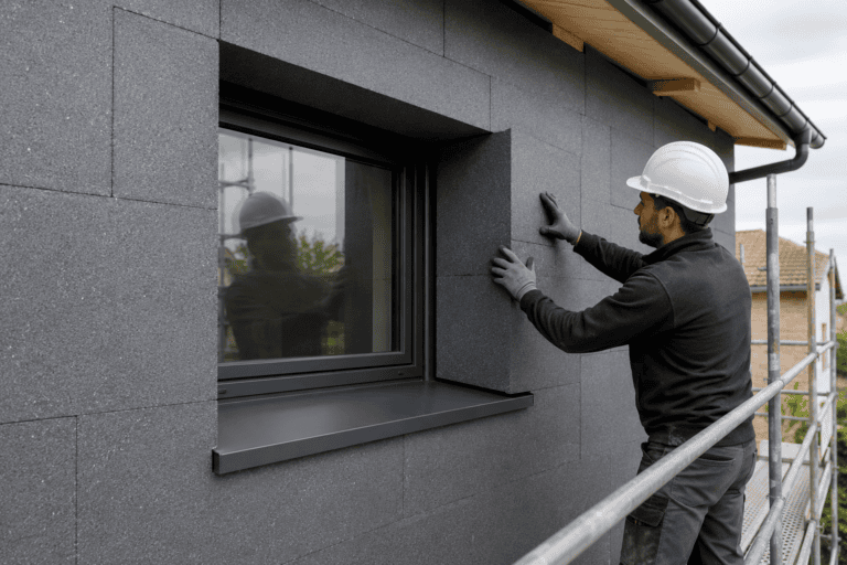 Artisan posant des panneaux isolants épais autour d’une fenêtre avec tableaux, linteau et appui aluminium sur un chantier d’ITE.