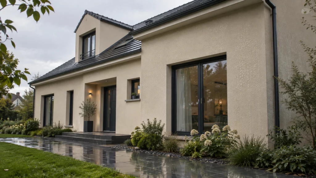 Façade de maison protégée par un traitement hydrofuge avec effet perlant