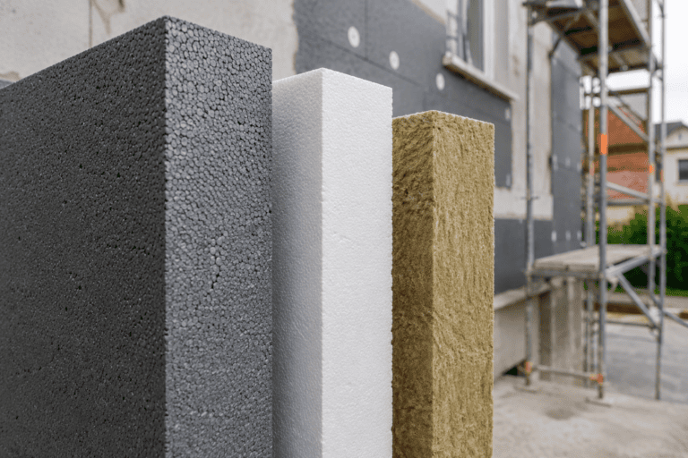 Gros plan de panneaux isolants de différentes épaisseurs en PSE graphité, PSE blanc et laine de roche devant une façade en rénovation.