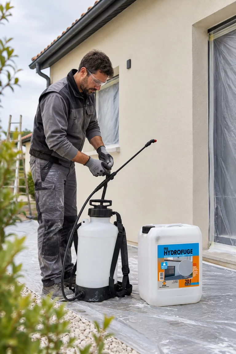 Application professionnelle d'un hydrofuge sur un mur extérieur en enduit minéral