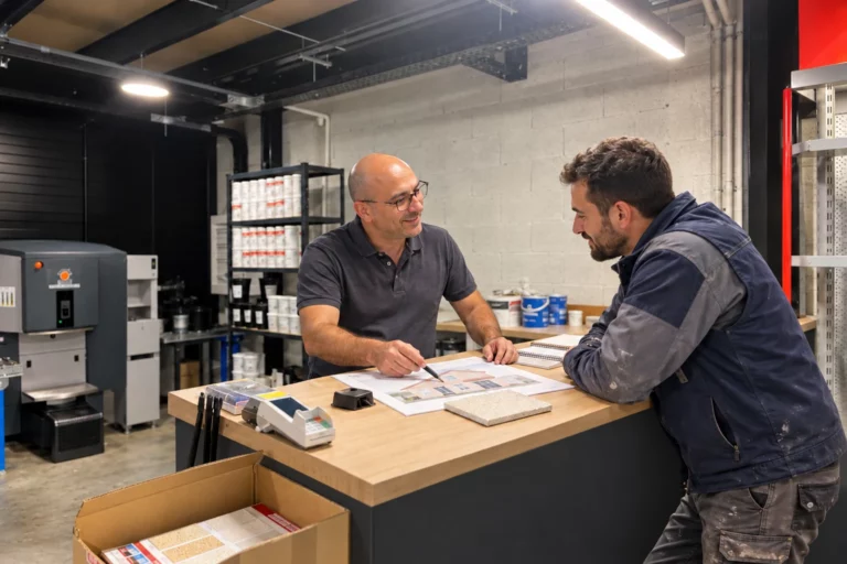 Artisan et conseiller comparant des métrés de façade et des échantillons d’isolants au comptoir