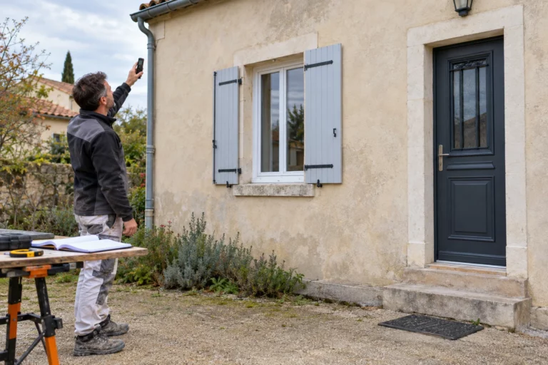 Façadier relevant les dimensions d’une façade avec un télémètre et un carnet de métrés
